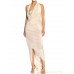 MORPHEW ATELIER Ivory Rayon Blend Jersey Asymmetrically Draped Sexy Gown With Metal Mesh & Swarovski Crystals