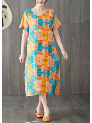 Chic orange red prints linen cotton dresses o neck Dresses summer Dresses