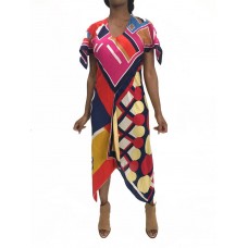 MORPHEW COLLECTION Pink & Blue Silk Poly Bias Cut Scarf Dress Made From 1970'S Geometric Scarves