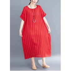 French red linen cotton dresses striped cotton summer Dress