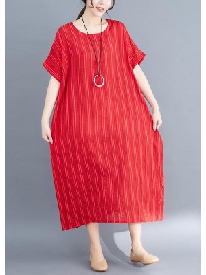 French red linen cotton dresses striped cotton summer Dress