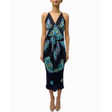 MORPHEW COLLECTION Black & Blue Multicolored Silk Twill Print Scarf Dress Made From Vintage Scarves