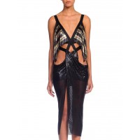 MORPHEW ATELIER Black & Gold Metal Mesh Satin Ribbon Bondage Strap Cutout Cocktail Dress