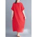 French red linen cotton dresses striped cotton summer Dress