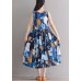 Modern blue floral linen cotton clothes For Women tie waist loose summer Dress