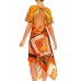 MORPHEW COLLECTION Orange, White & Brown Silk Twill Dots Geometric Print 3-Scarf Dress Made From Vintage Scarves