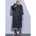 Simple o neck side open Tunics black striped cotton robes Dress summer