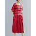 French o neck pockets Cotton dresses Boho Shape red striped shift Dresses Summer