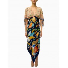 MORPHEW COLLECTION Navy Blue & Beige Silk Sea Life Print 2-Scarf Dress Made From Vintage Scarves