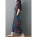 Women blue prints cotton Robes o neck Maxi summer Dresses