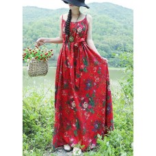 Women red floral cotton linen Tunics Organic Tutorials sleeveless daily summer Dress