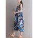 Modern blue floral linen cotton clothes For Women tie waist loose summer Dress