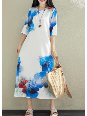 DIY white prints silk dresses stand collar long summer Dress