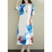 DIY white prints silk dresses stand collar long summer Dress