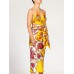 MORPHEW COLLECTION Yellow & Red Bias Cut Silk Jacquard Sagittarius Multi-Way Scarf Dress