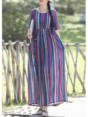 Loose o neck Half sleeve linen cotton outfit 2019 Photography blue striped long Dresses Summer