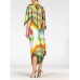 MORPHEW COLLECTION Olive Green, Orange & Red Silk Floral Geo Dress With Swan Print